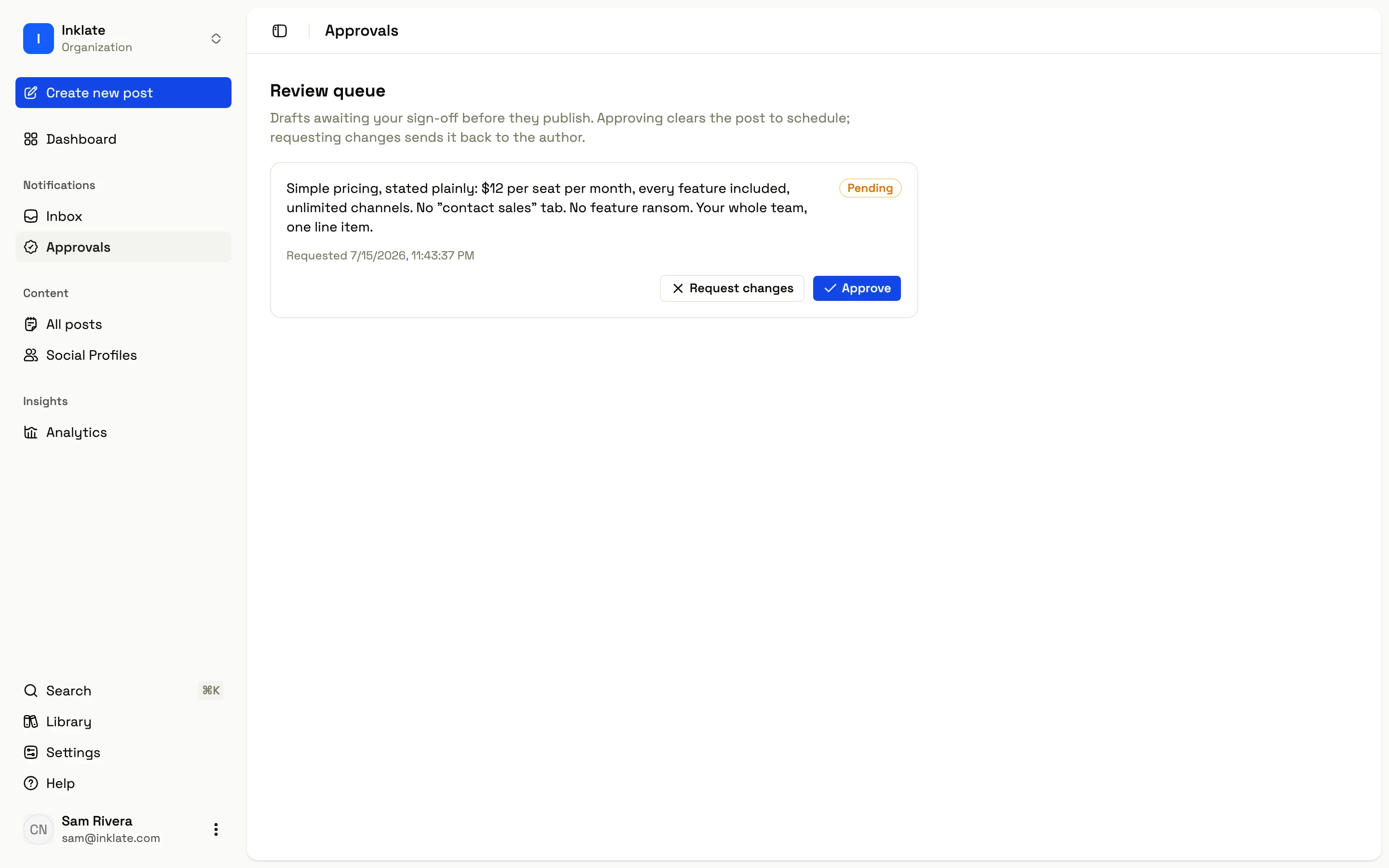 The Inklate approvals queue with a post waiting for review