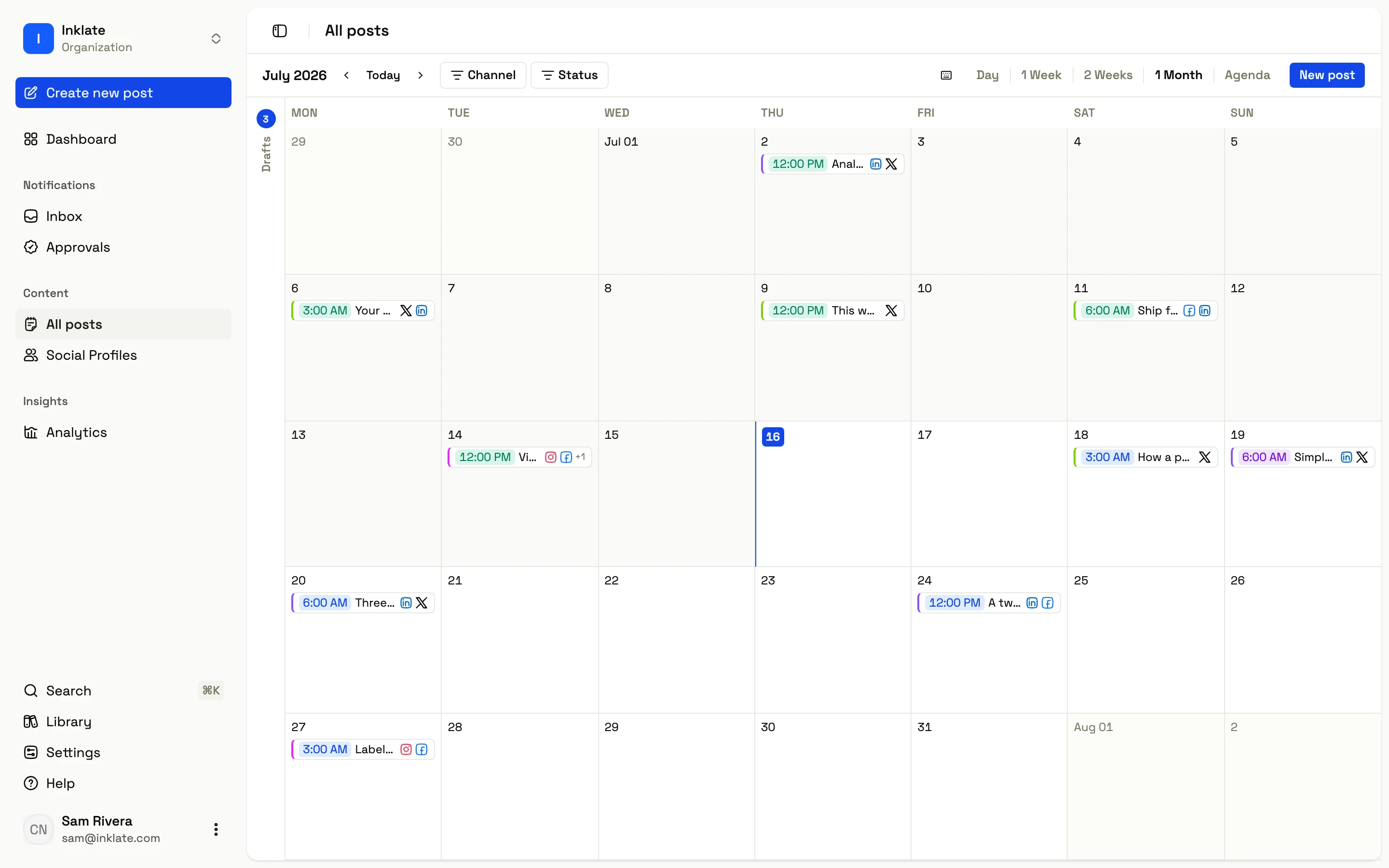 The Inklate calendar with a month of posts scheduled across LinkedIn, X, Instagram, and Facebook