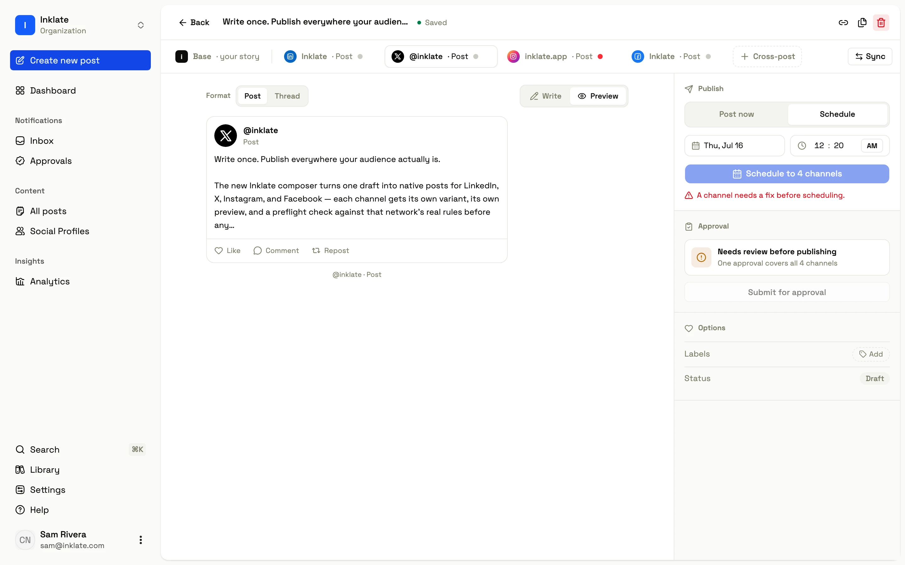 The Inklate composer showing per-channel variant tabs and a native X preview of one draft