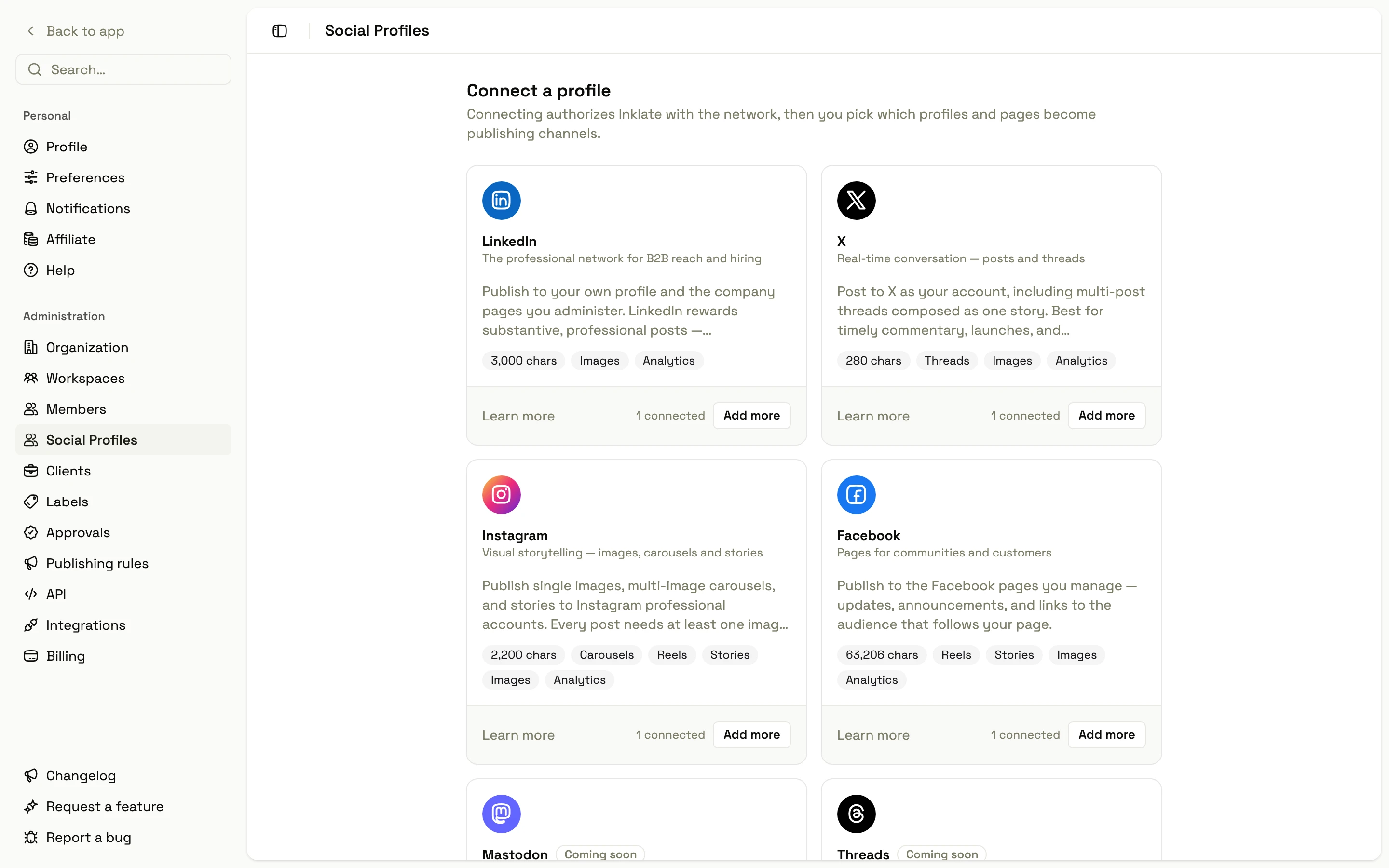 Inklate's connect-a-profile directory showing LinkedIn, X, Instagram, and Facebook cards with their formats and limits