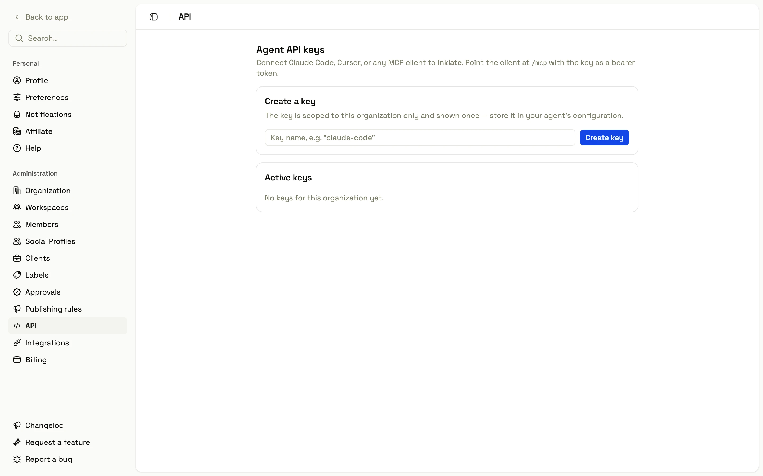 Inklate's API keys settings, where scoped keys for agents are created